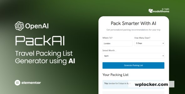 PackAI v1.0.0 - Travel Packing List Generator for WordPress